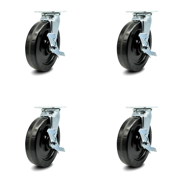 8 Inch Phenolic Caster Set with Roller Bearings and Brake/Swivel Lock SCC